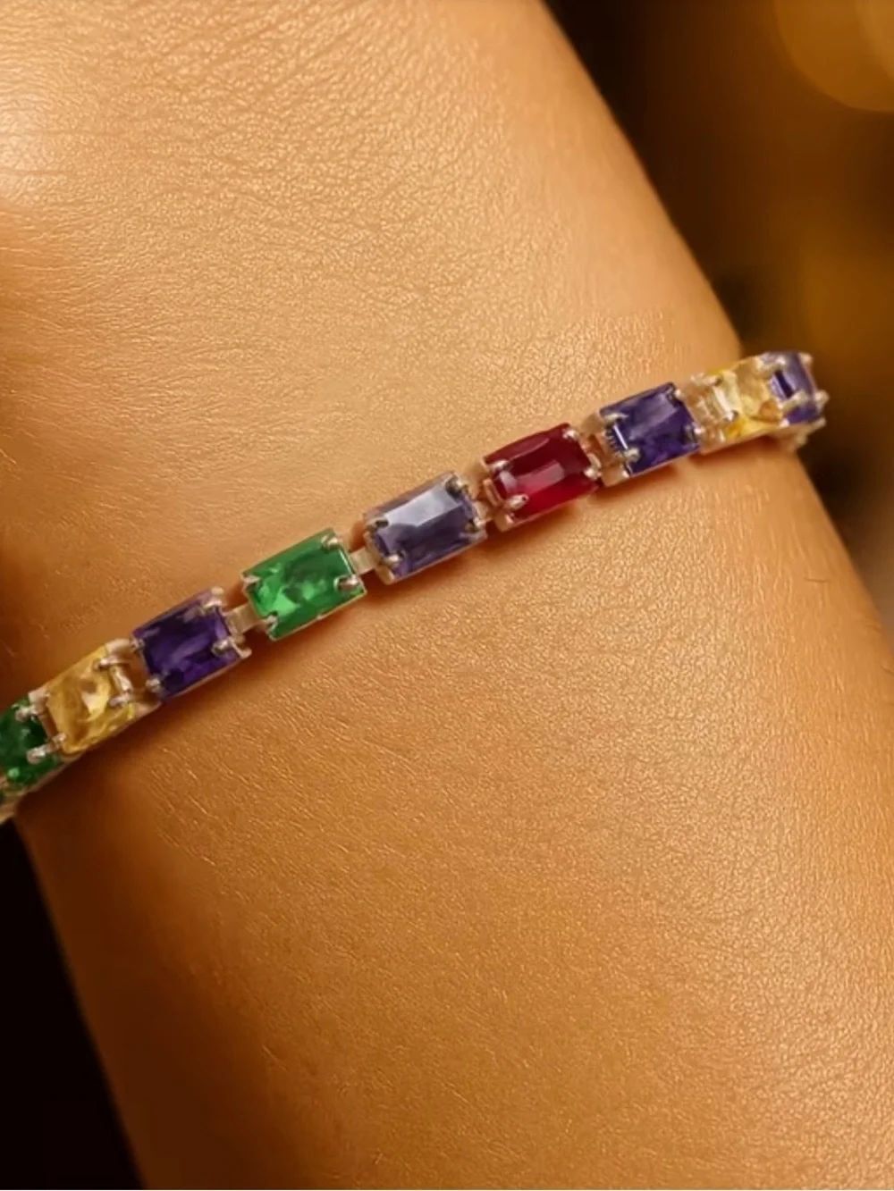 💚 Multi-Gemstone Rectangular Multicolored Tennis Bracelet 💚
